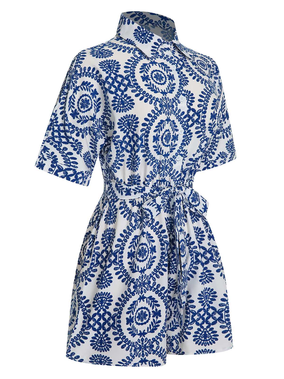 1950s Shirt Neck Print Belted Romper - Image 4
