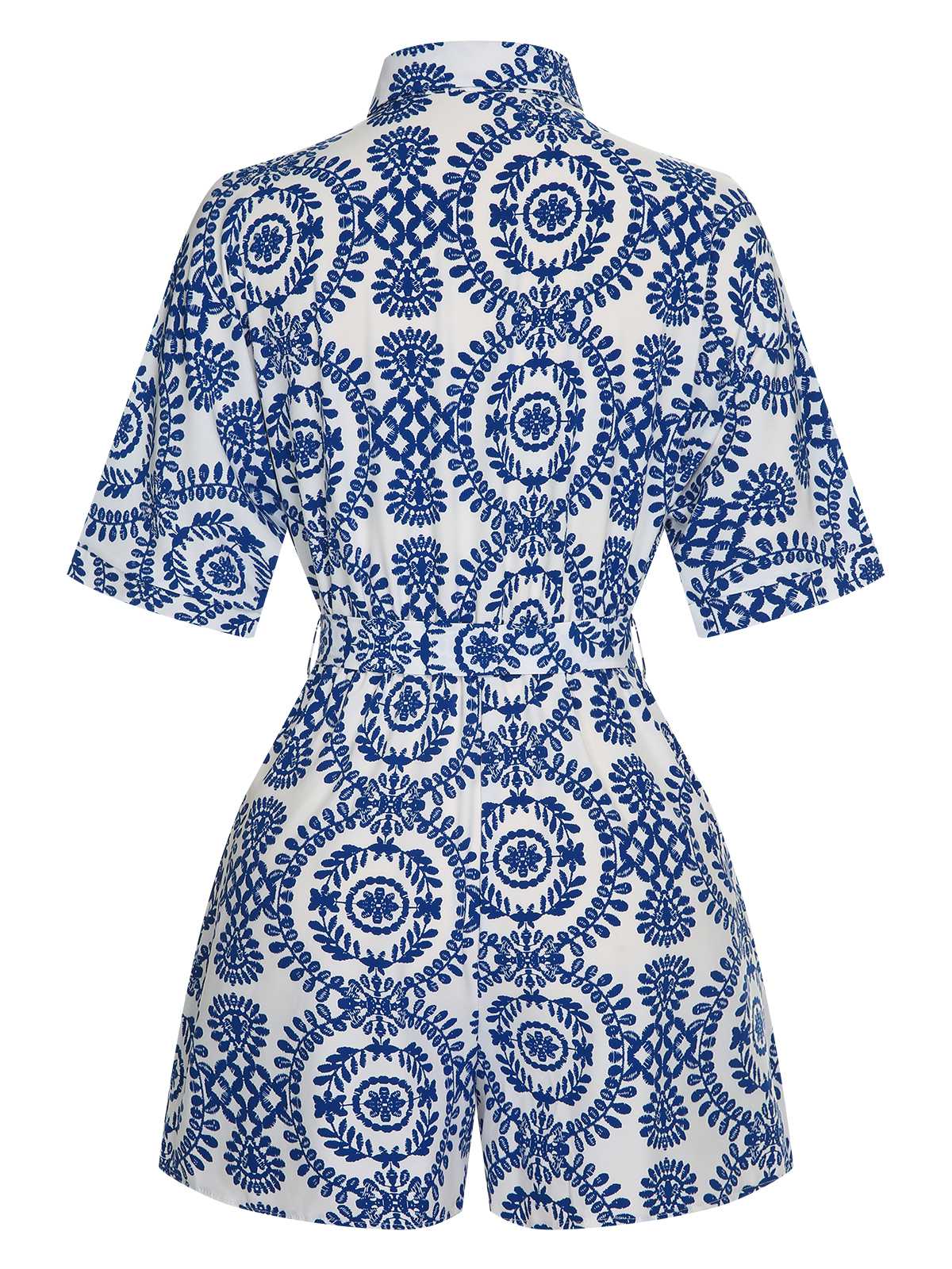 1950s Shirt Neck Print Belted Romper - Image 5