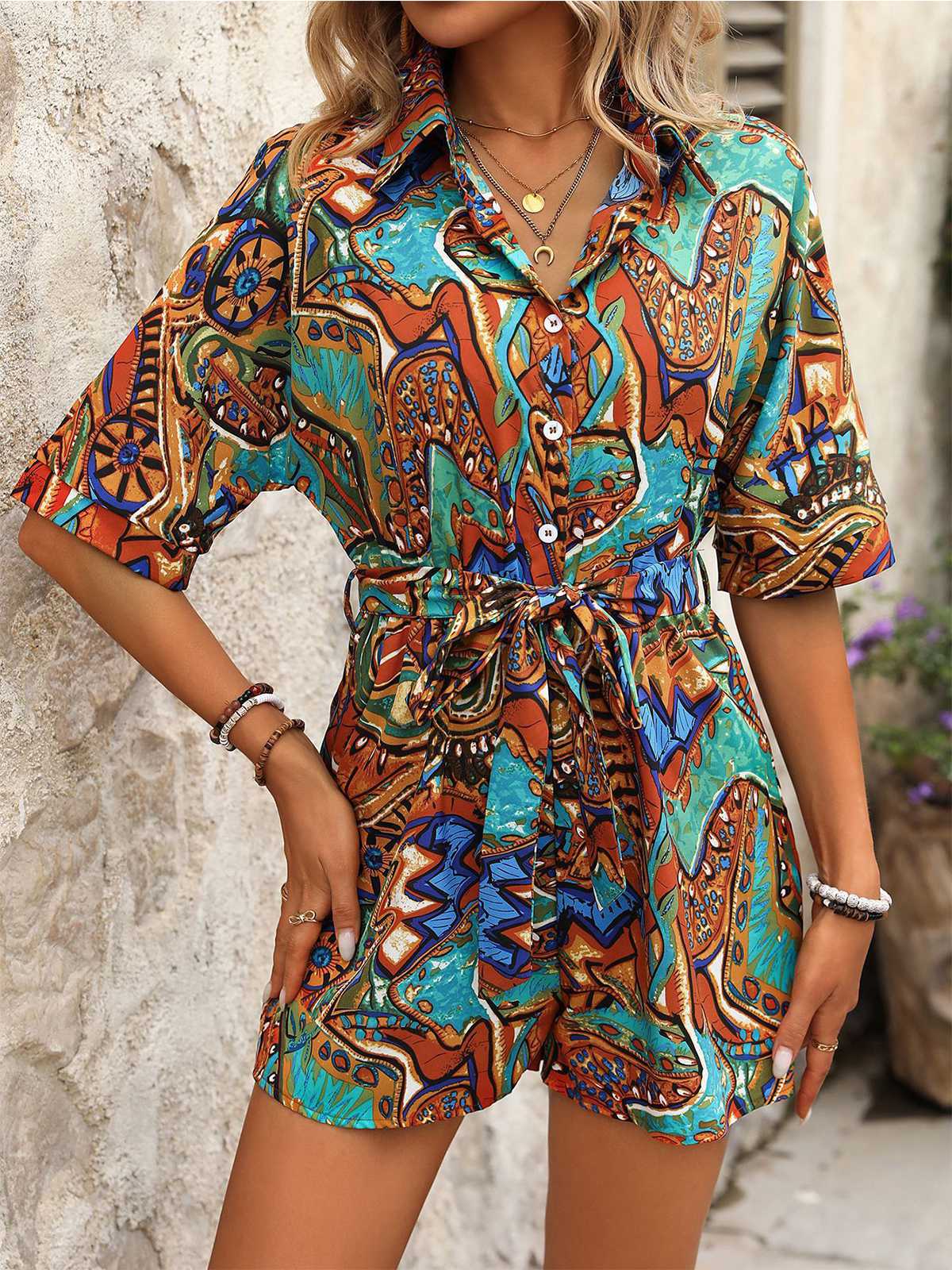 1950s Shirt Neck Print Belted Romper - Image 9