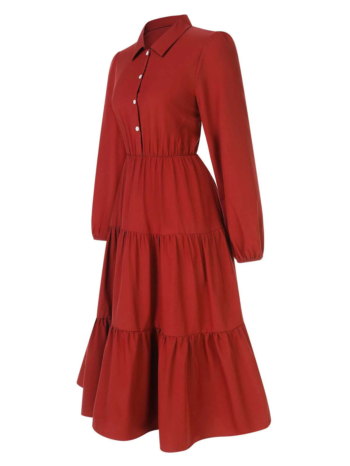 1950s Shirt Neck Tiered Solid Midi Dress - Image 2