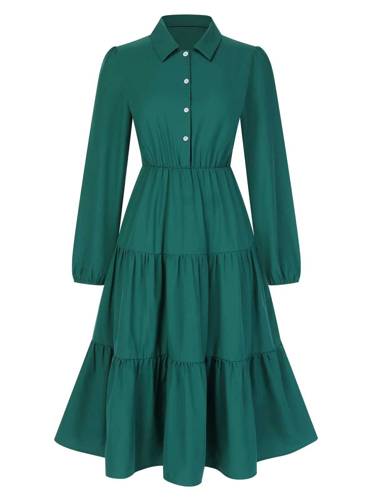 1950s Shirt Neck Tiered Solid Midi Dress - Image 5
