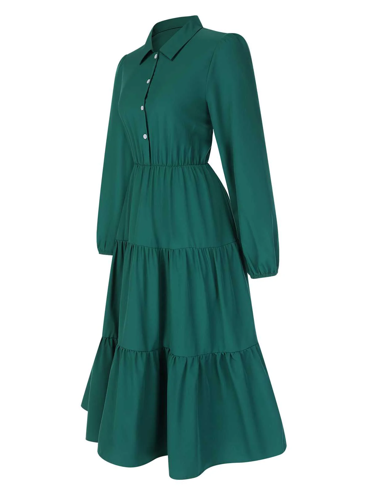 1950s Shirt Neck Tiered Solid Midi Dress - Image 6
