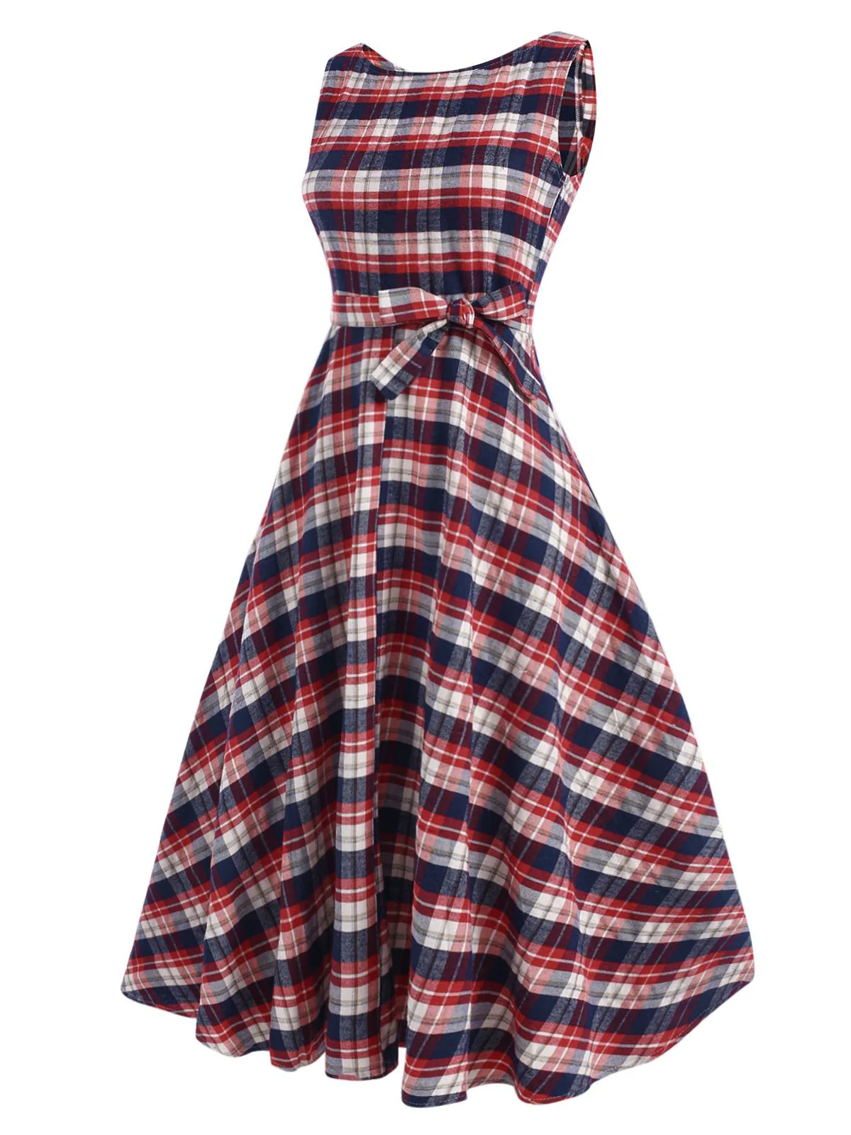 1950s Sleeveless Plaid Belted Swing Dress - Image 2