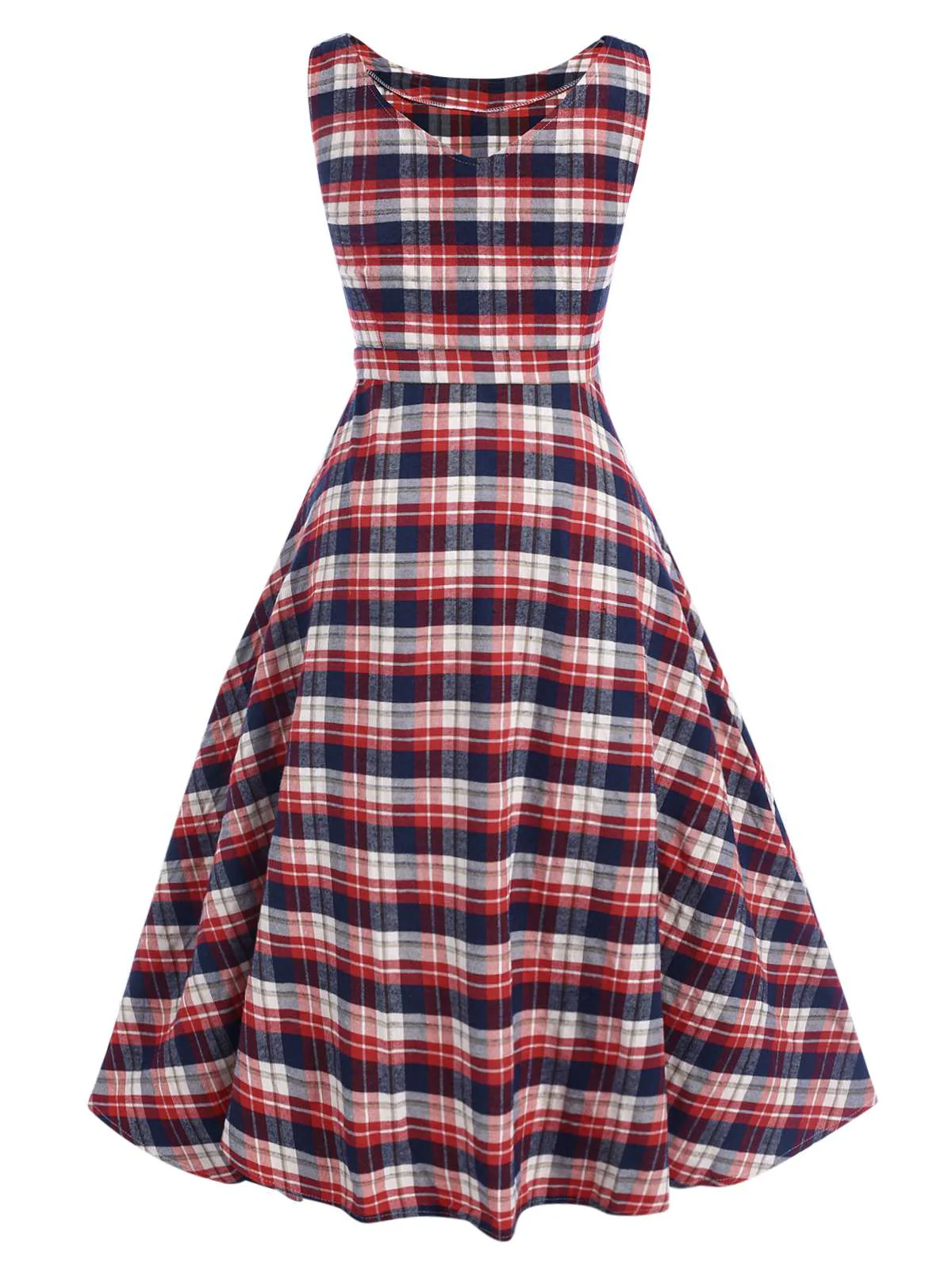 1950s Sleeveless Plaid Belted Swing Dress - Image 3