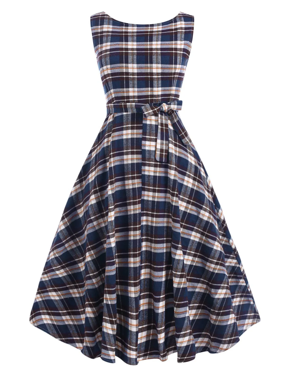1950s Sleeveless Plaid Belted Swing Dress - Image 5