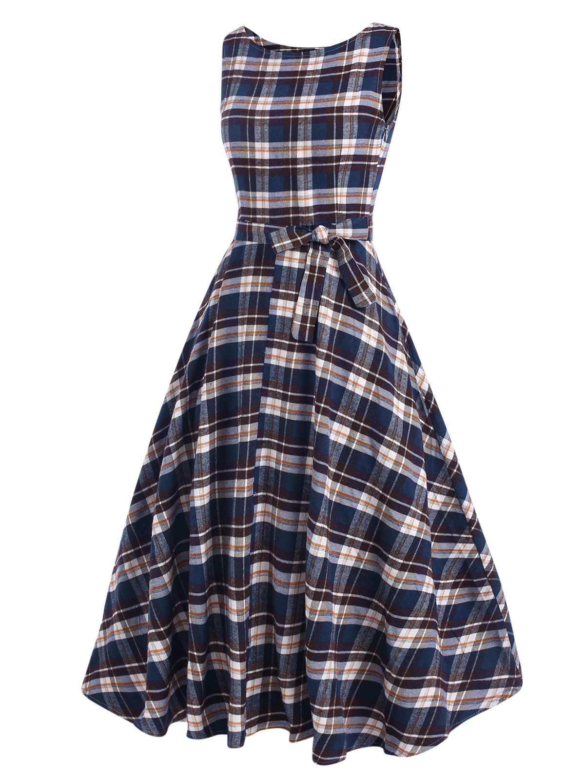 1950s Sleeveless Plaid Belted Swing Dress - Image 6