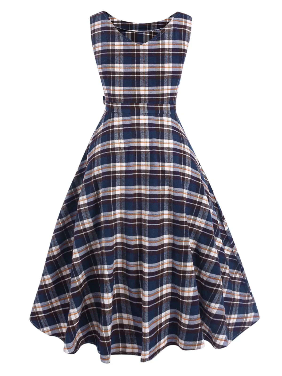 1950s Sleeveless Plaid Belted Swing Dress - Image 7