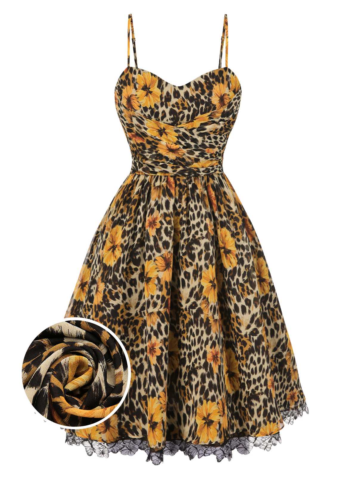 1950s Slip Leopard Sunflower Butterflies Lace Dress - Image 2