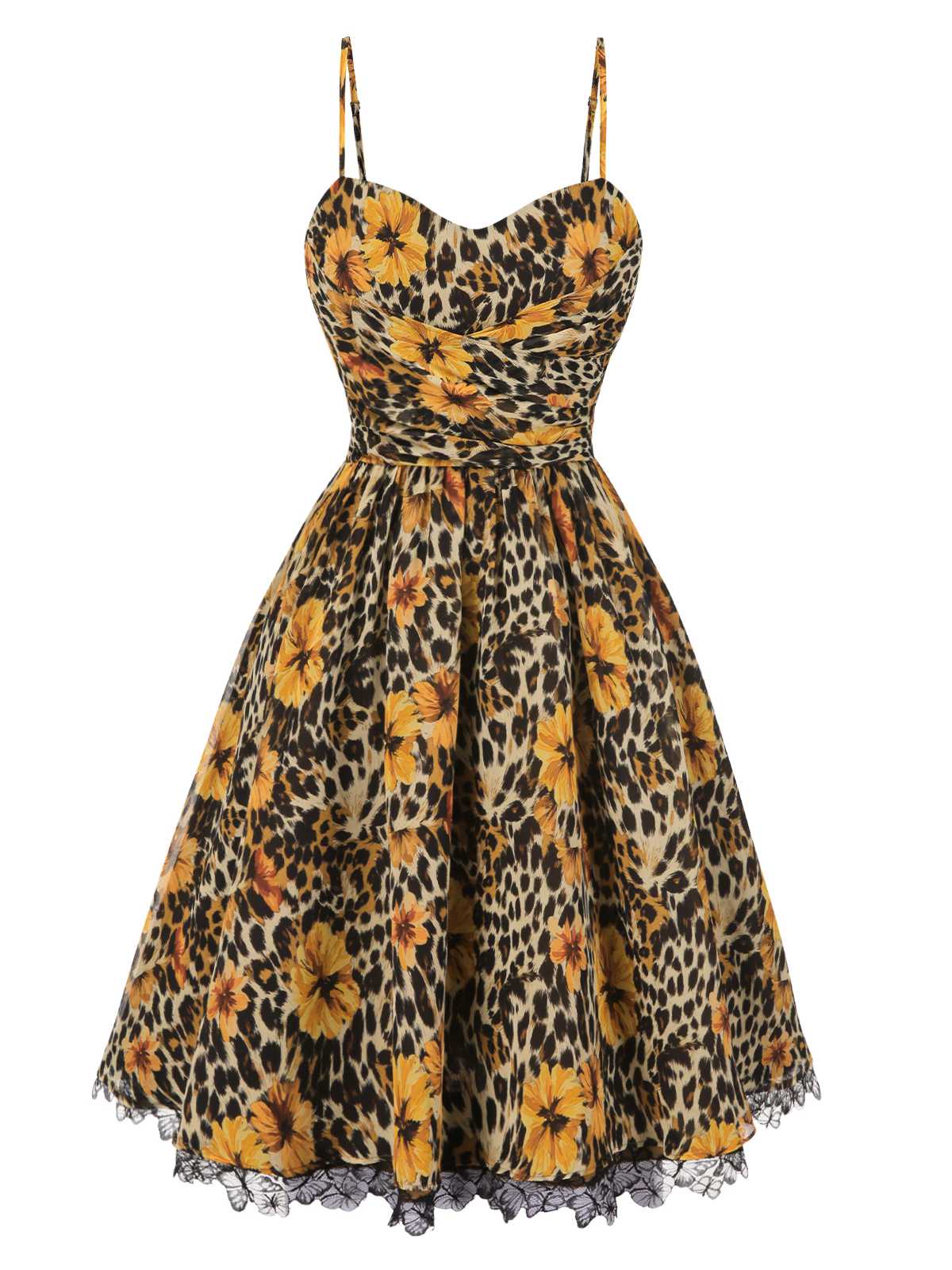 1950s Slip Leopard Sunflower Butterflies Lace Dress - Image 3