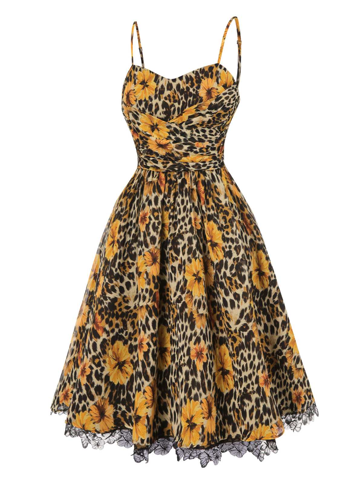 1950s Slip Leopard Sunflower Butterflies Lace Dress - Image 4