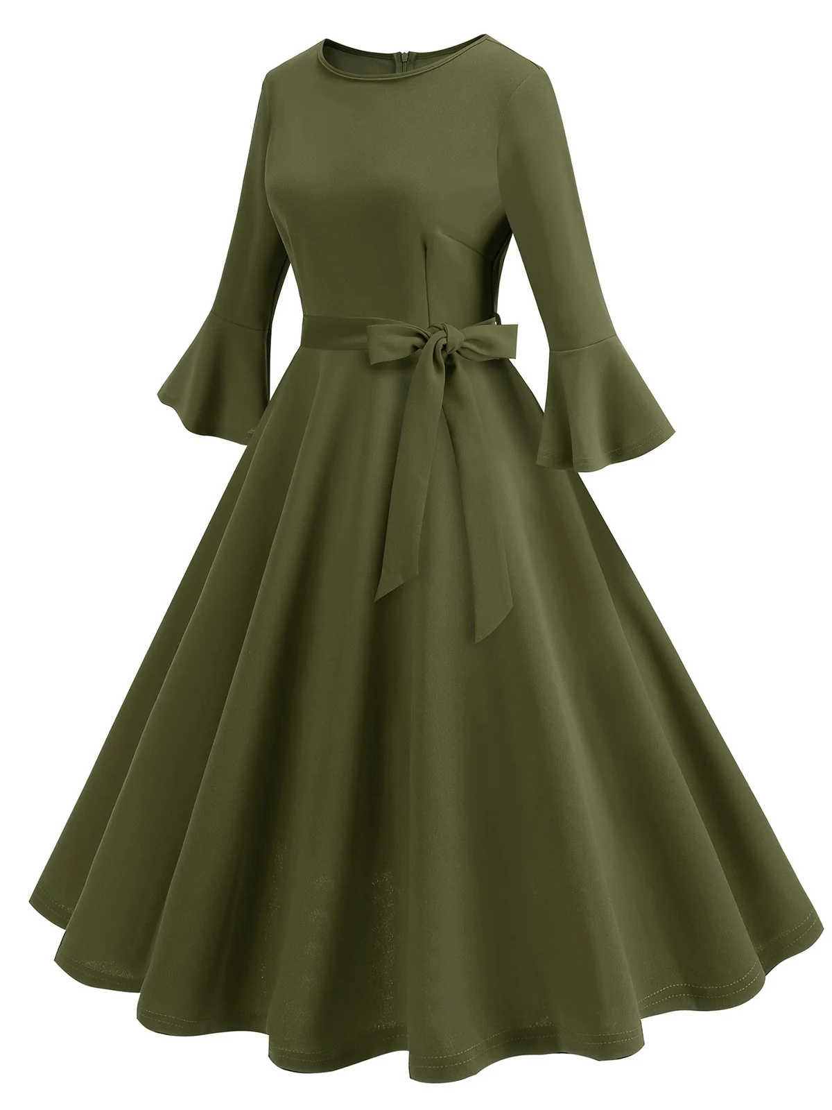 1950s Solid Bell Sleeves Swing Dress - Image 2