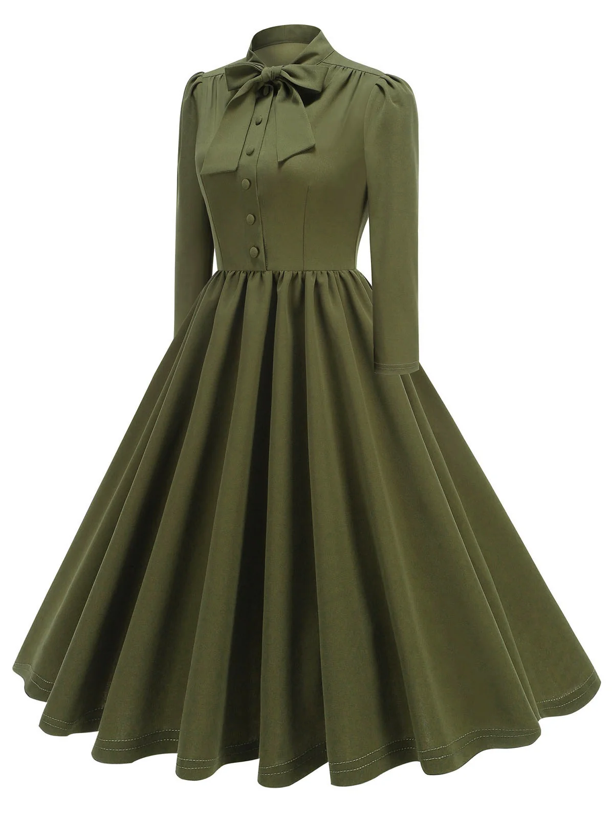 1950s Solid Bow Collar Buttoned Swing Dress - Image 10