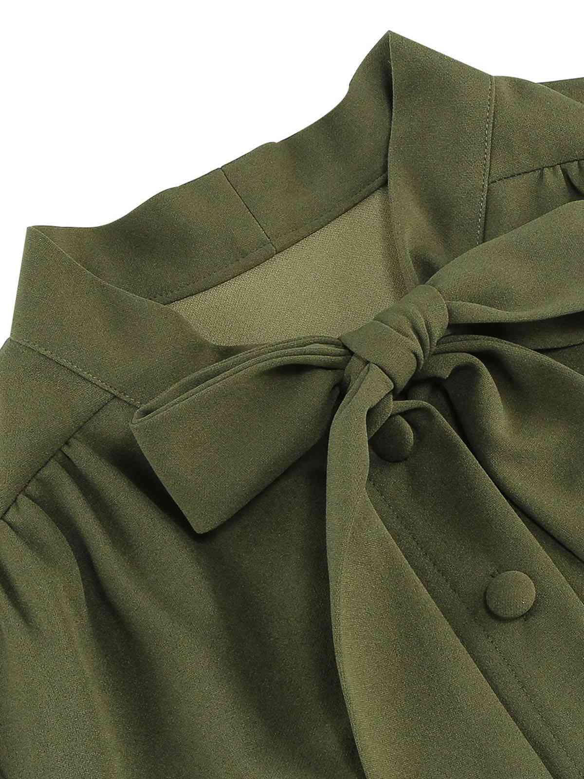 1950s Solid Bow Collar Buttoned Swing Dress - Image 14