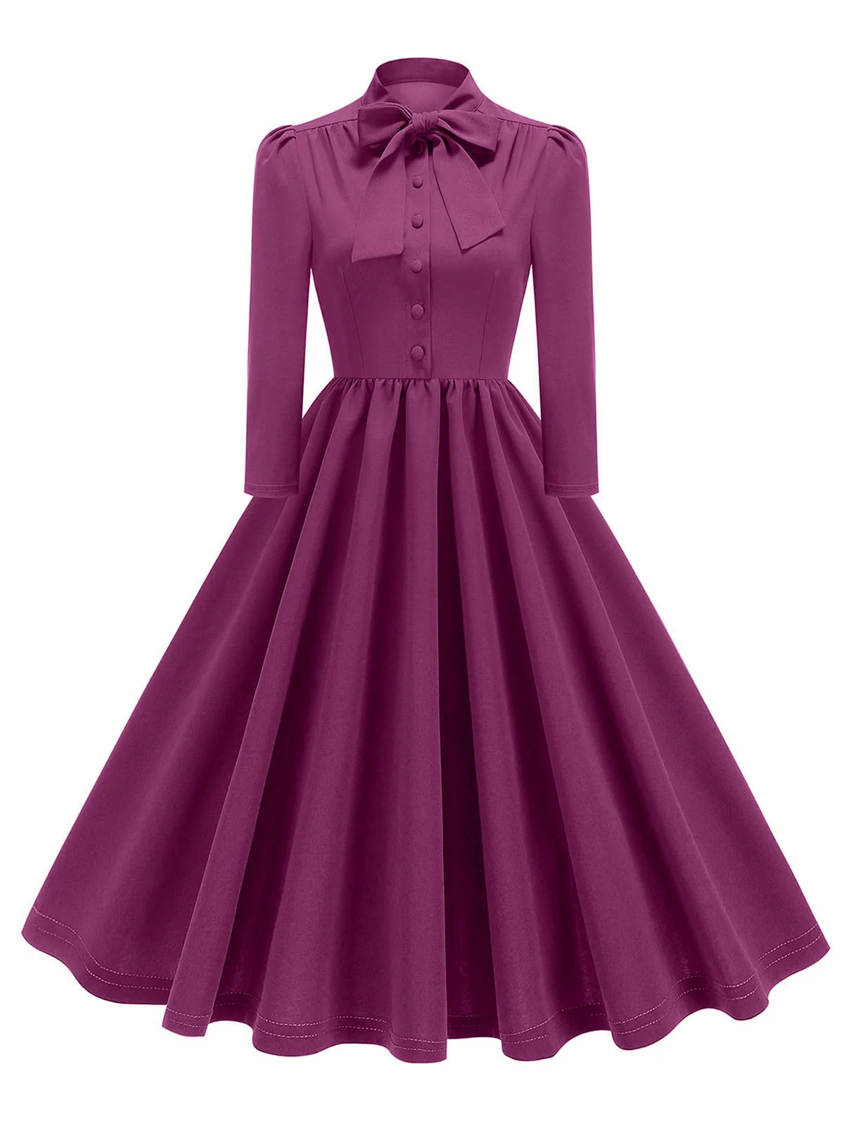 1950s Solid Bow Collar Buttoned Swing Dress - Image 16