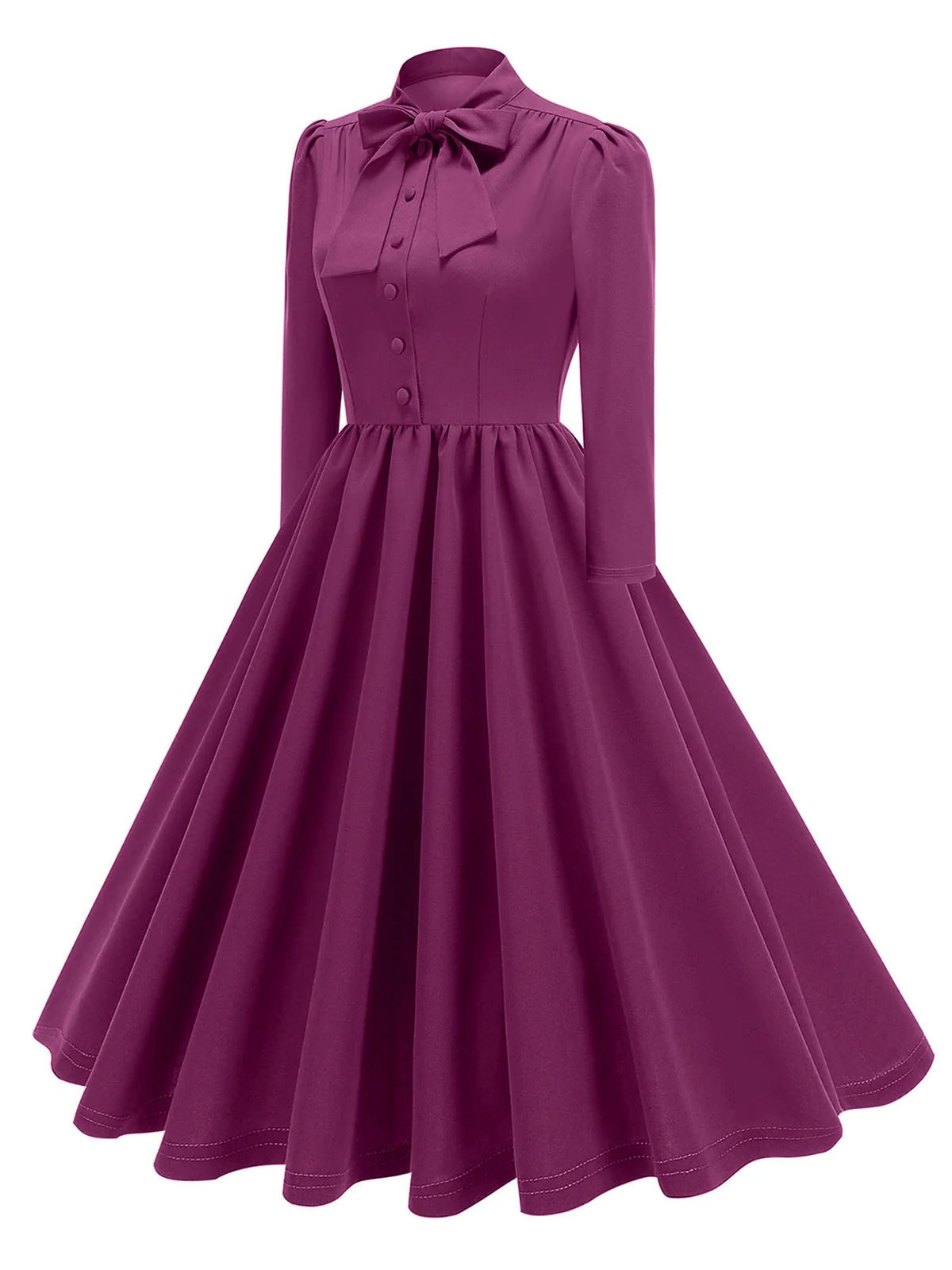1950s Solid Bow Collar Buttoned Swing Dress - Image 18