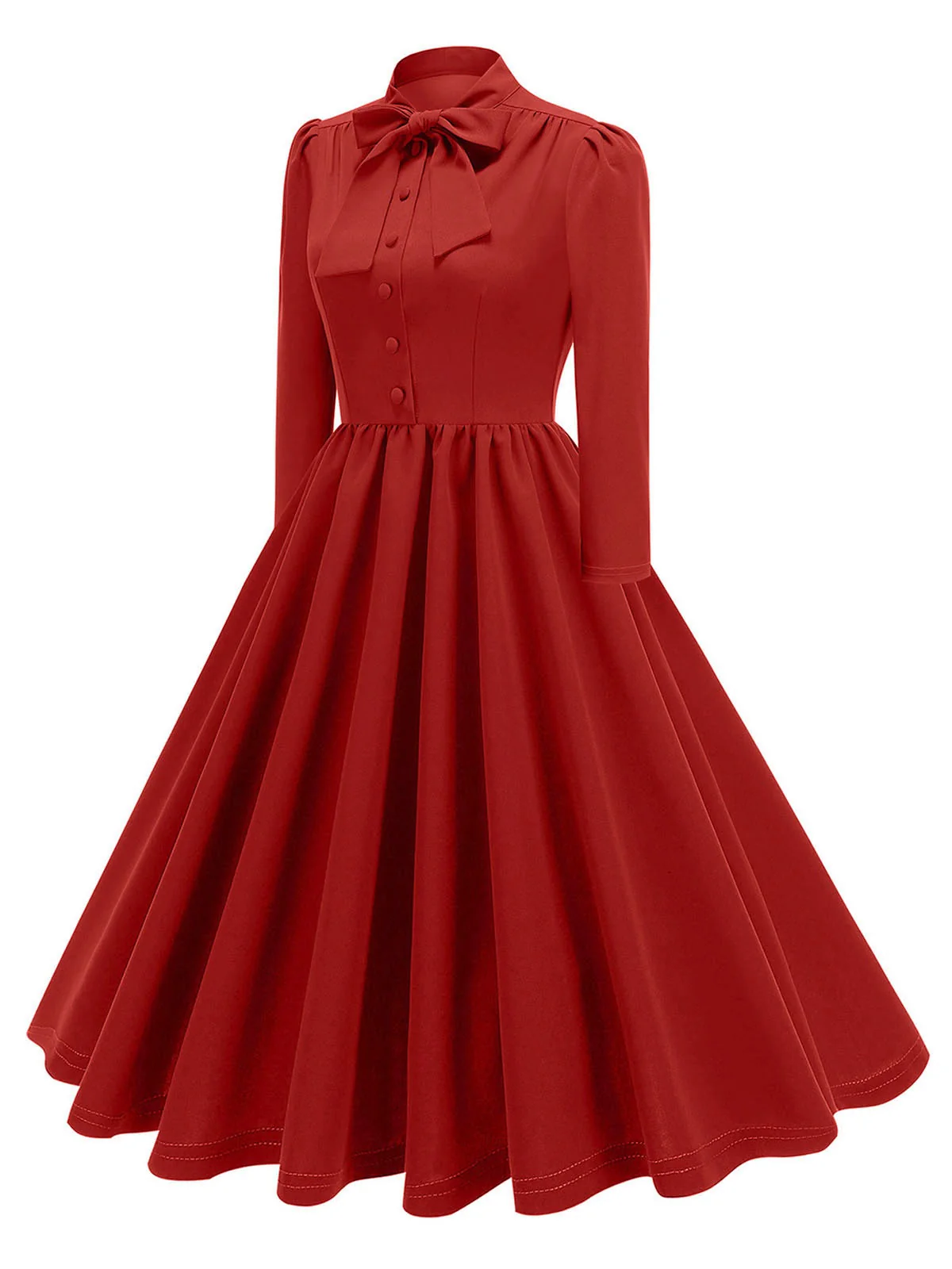 1950s Solid Bow Collar Buttoned Swing Dress - Image 3