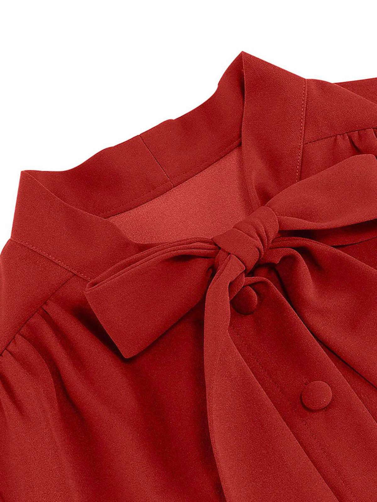 1950s Solid Bow Collar Buttoned Swing Dress - Image 6