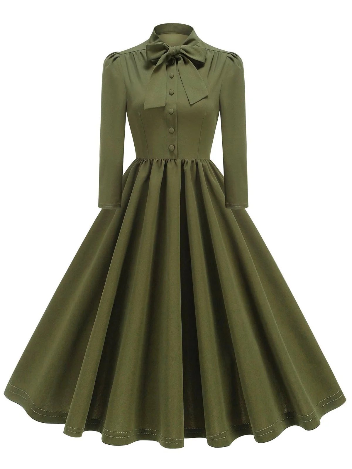 1950s Solid Bow Collar Buttoned Swing Dress - Image 8
