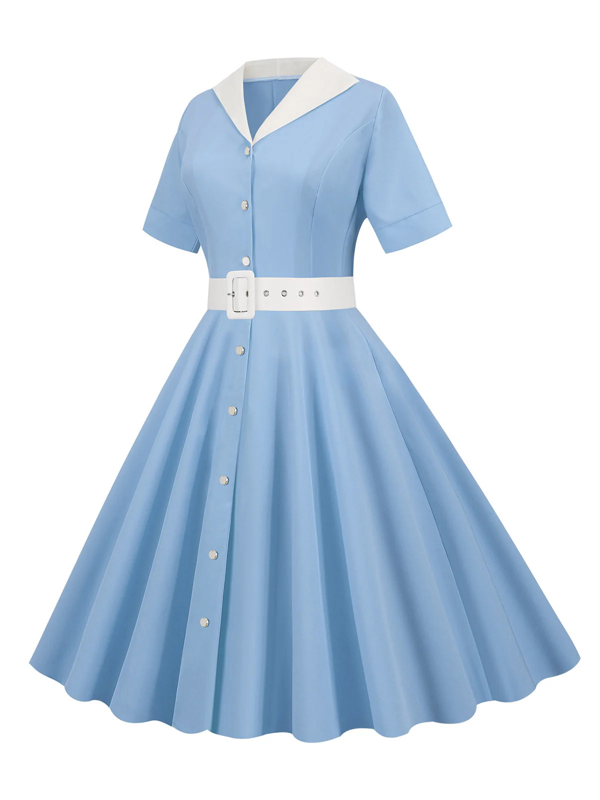 1950s Solid Contrast Lapel Belt Dress - Image 10