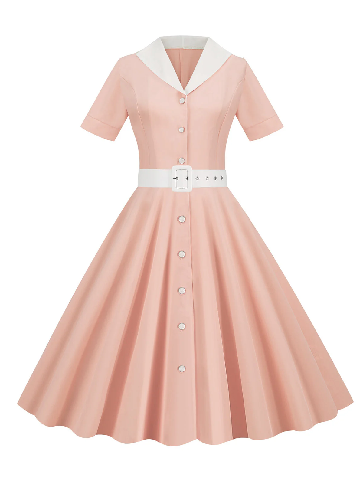 1950s Solid Contrast Lapel Belt Dress - Image 3