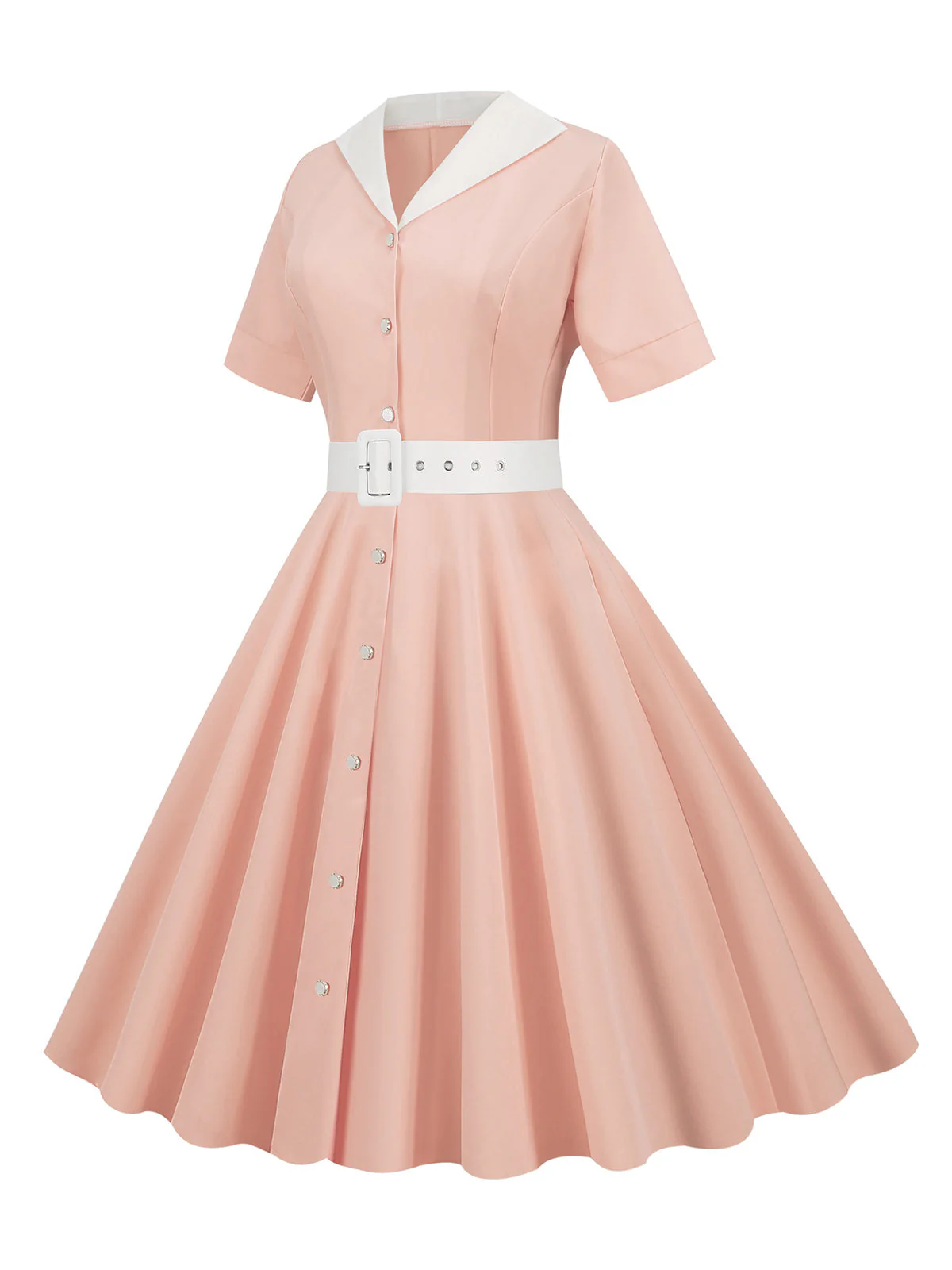 1950s Solid Contrast Lapel Belt Dress - Image 4
