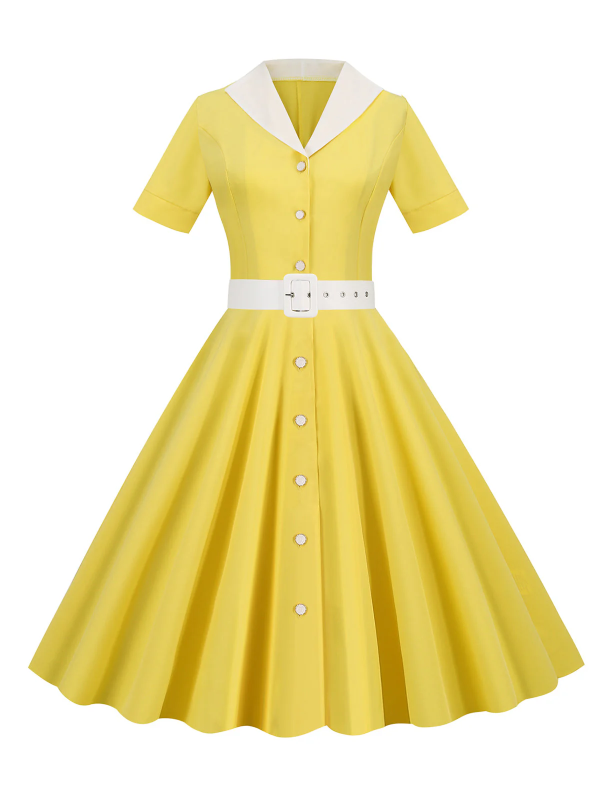1950s Solid Contrast Lapel Belt Dress - Image 6