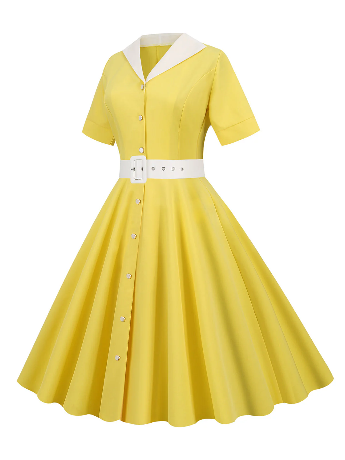 1950s Solid Contrast Lapel Belt Dress - Image 7