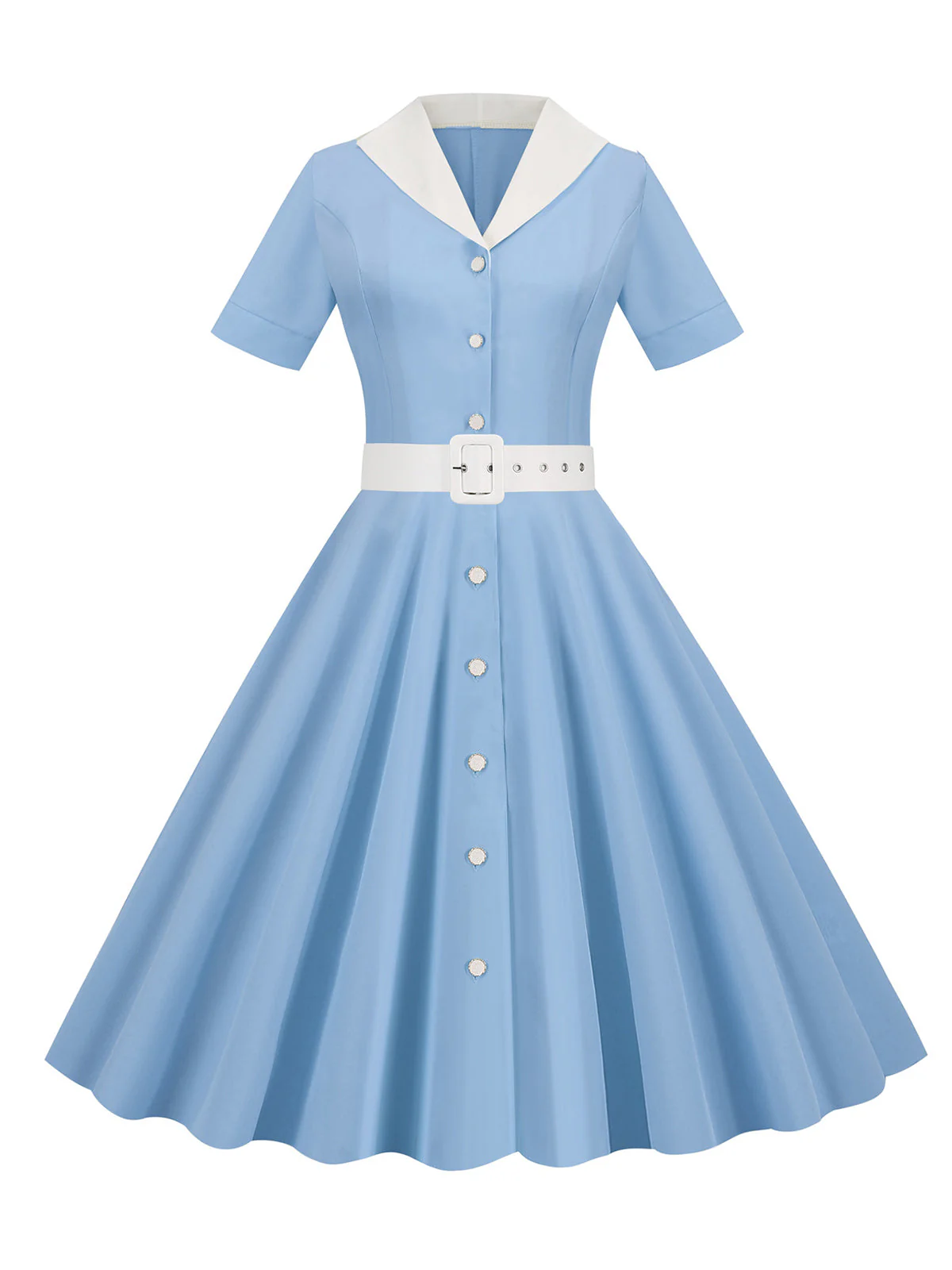 1950s Solid Contrast Lapel Belt Dress - Image 8