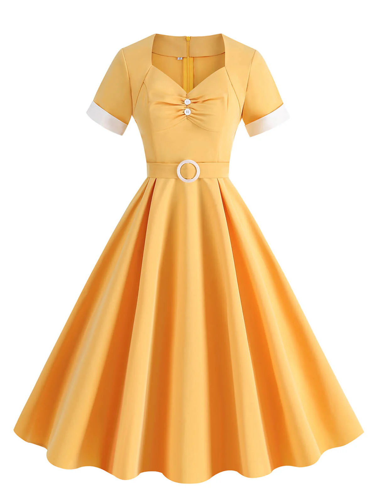 1950s Solid Contrast V-Neck Swing Dress - Image 2