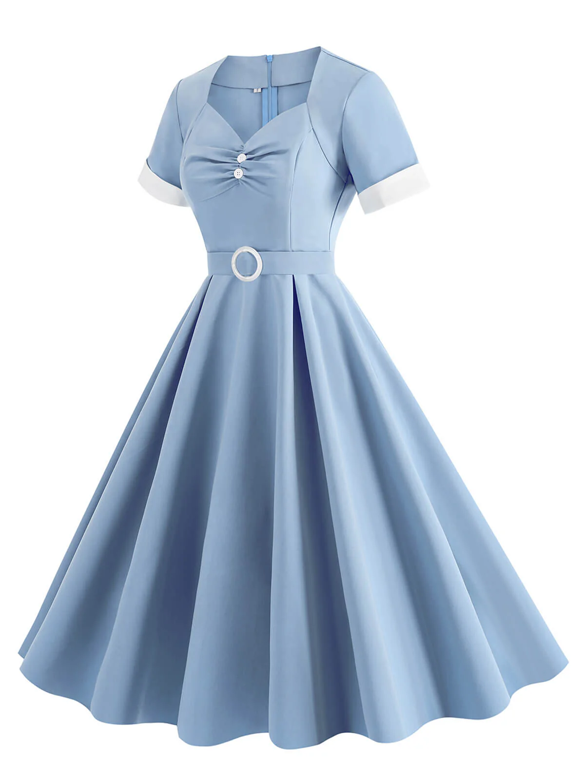 1950s Solid Contrast V-Neck Swing Dress - Image 3