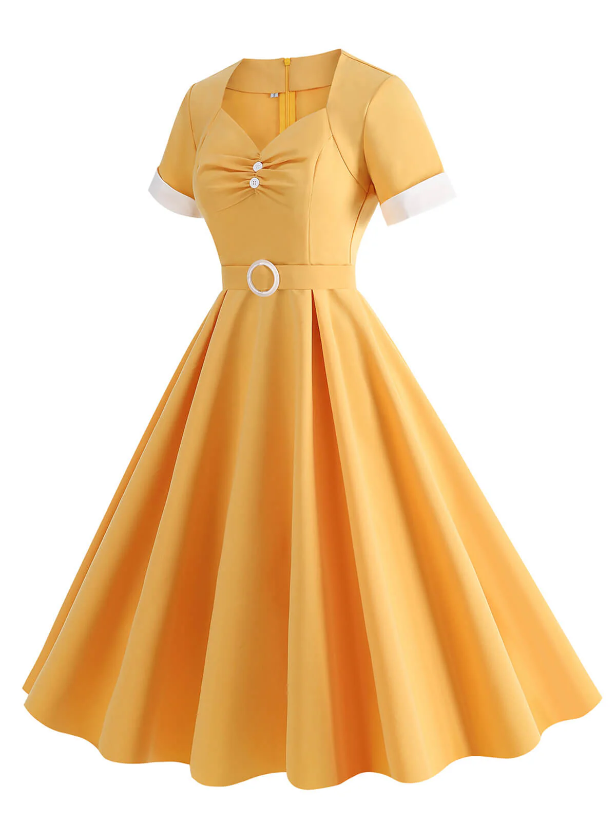 1950s Solid Contrast V-Neck Swing Dress - Image 6