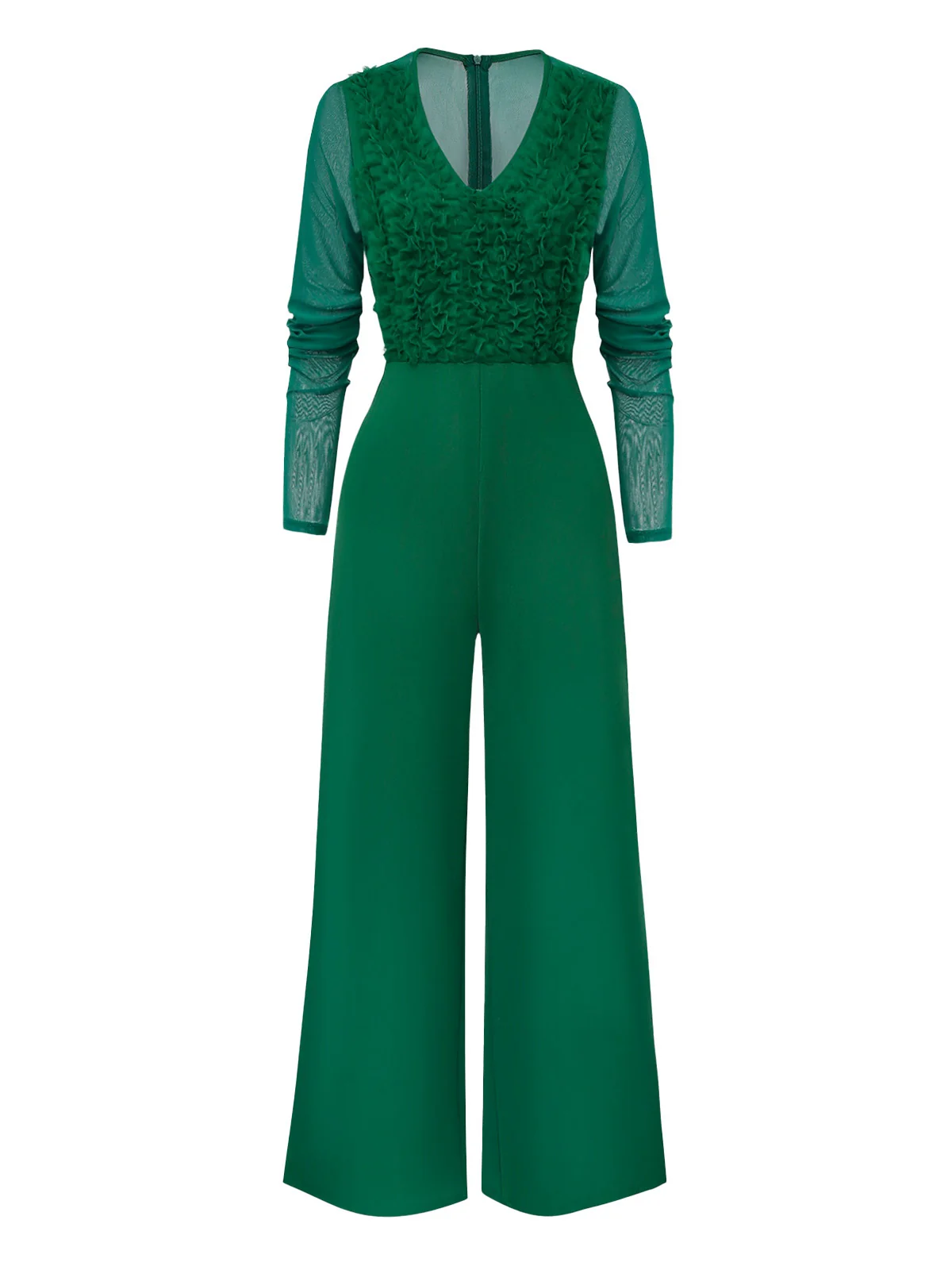 1950s Solid Deep V-Neck Ruffled Sheer Sleeve Jumpsuit - Image 2