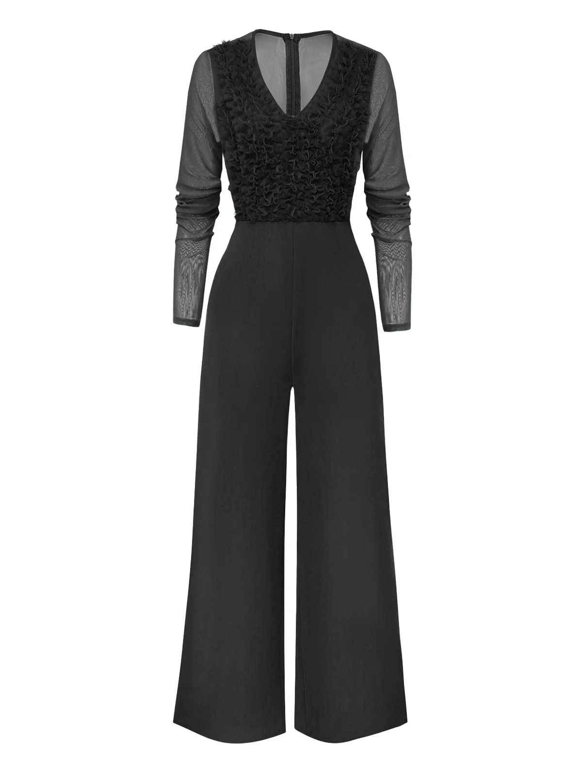 1950s Solid Deep V-Neck Ruffled Sheer Sleeve Jumpsuit - Image 6