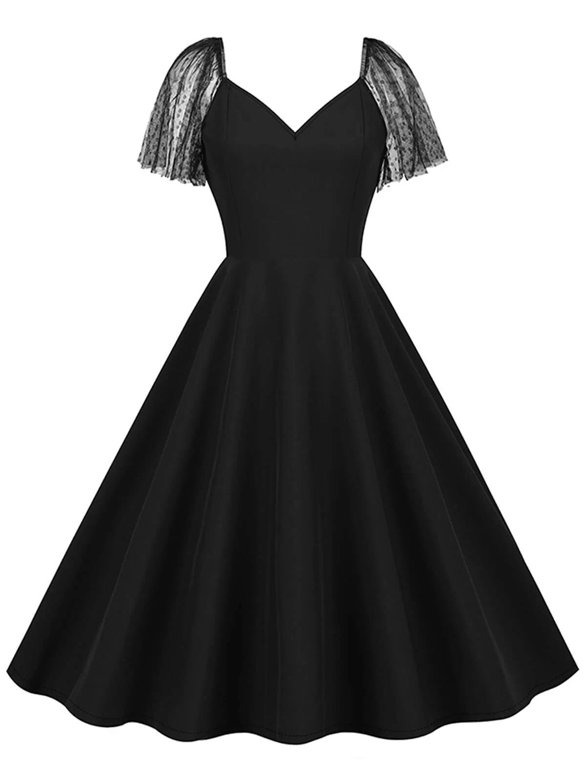 1950s Solid Dots Mesh Sleeve V-Neck Dress - Image 12