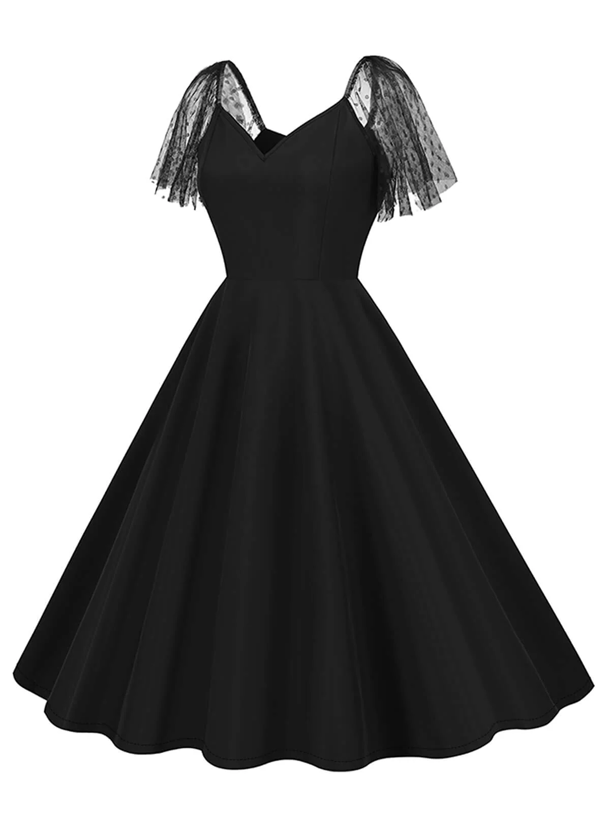1950s Solid Dots Mesh Sleeve V-Neck Dress - Image 13