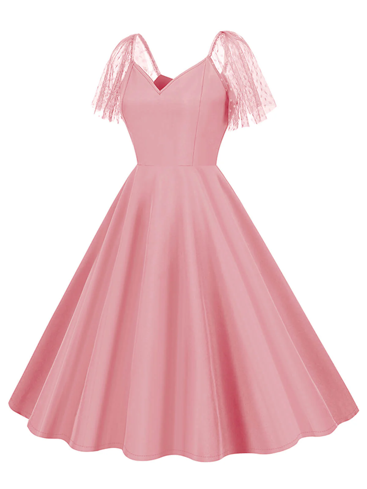 1950s Solid Dots Mesh Sleeve V-Neck Dress - Image 2