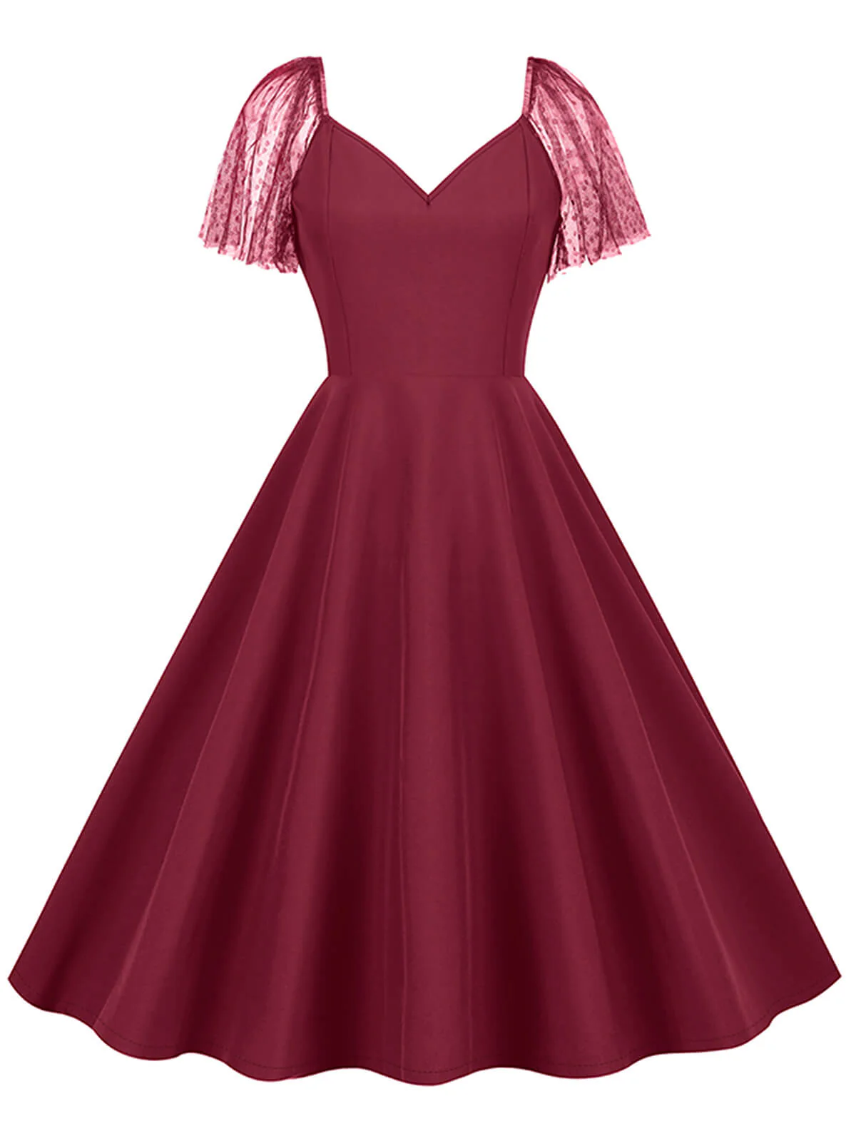1950s Solid Dots Mesh Sleeve V-Neck Dress - Image 5