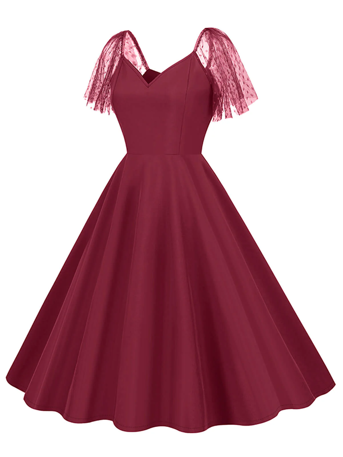 1950s Solid Dots Mesh Sleeve V-Neck Dress - Image 6