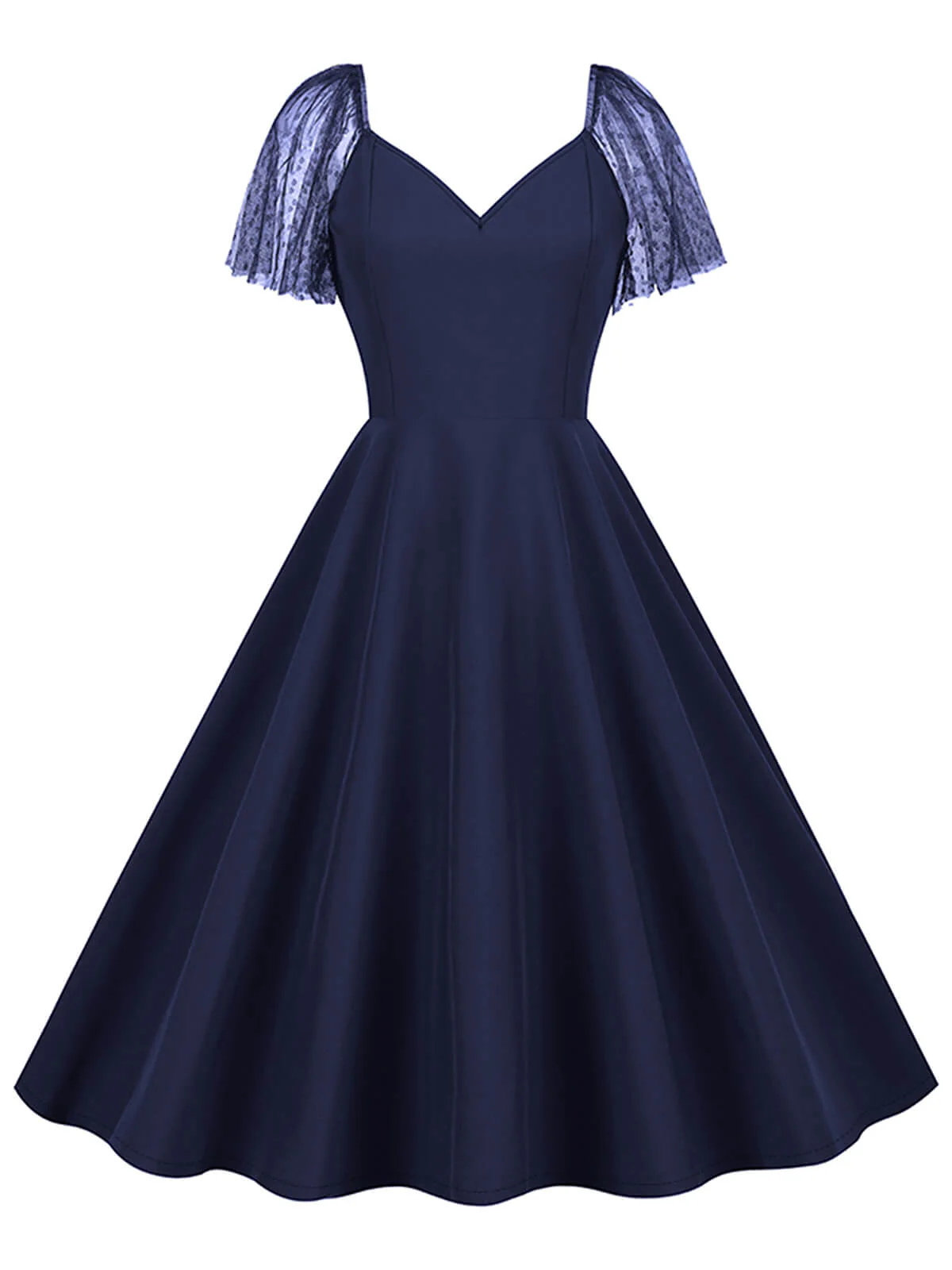 1950s Solid Dots Mesh Sleeve V-Neck Dress - Image 9