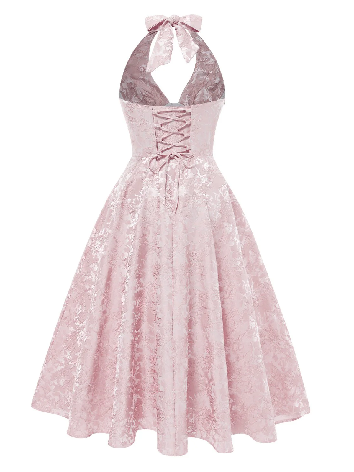 1950s Solid Halter Deep V-Neck Jacquard Printed Dress - Image 5