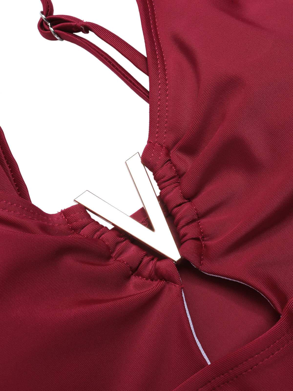 1950s Solid Hollow V-Neck One-Piece Swimsuit - Image 4