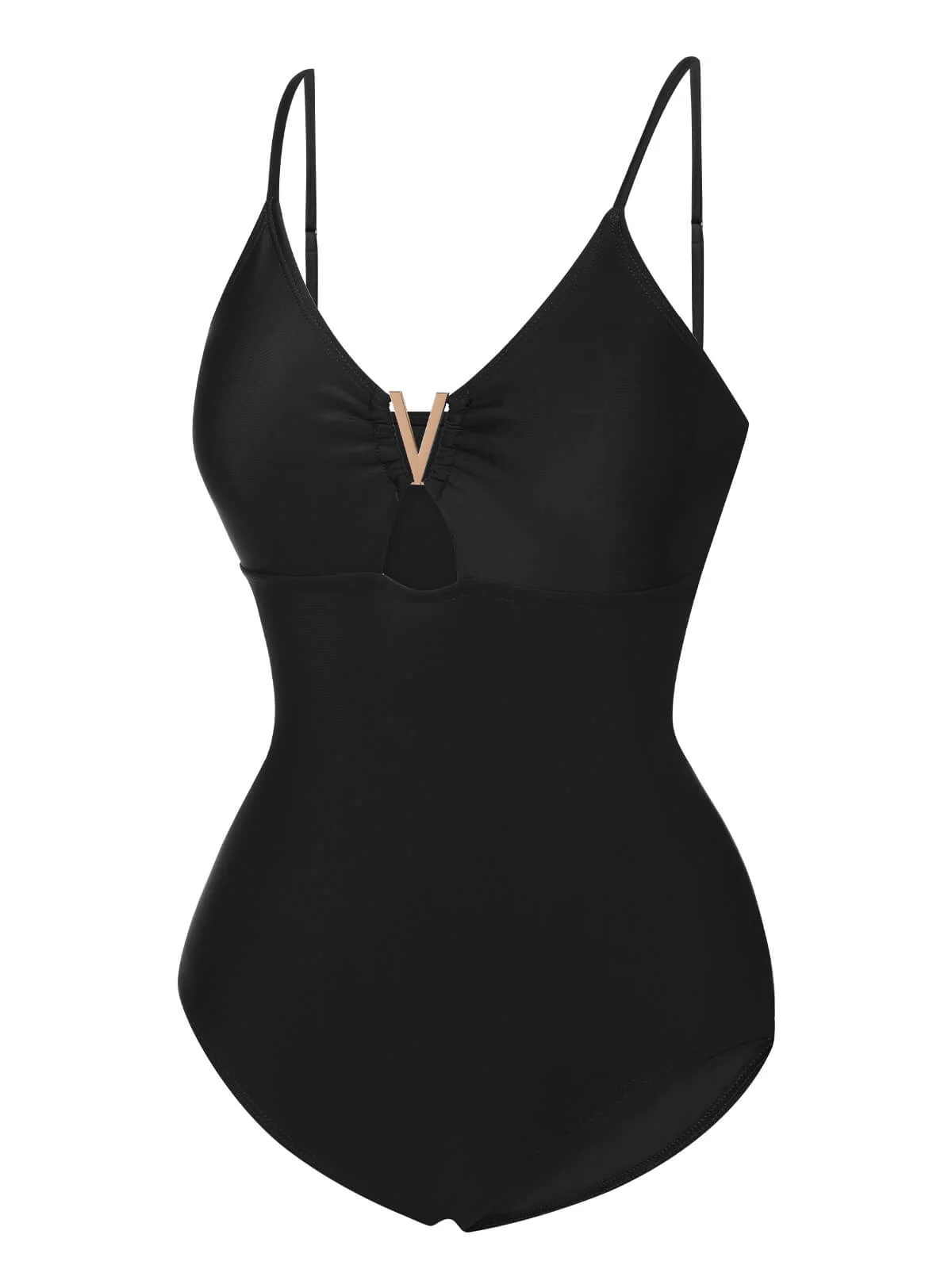 1950s Solid Hollow V-Neck One-Piece Swimsuit - Image 7
