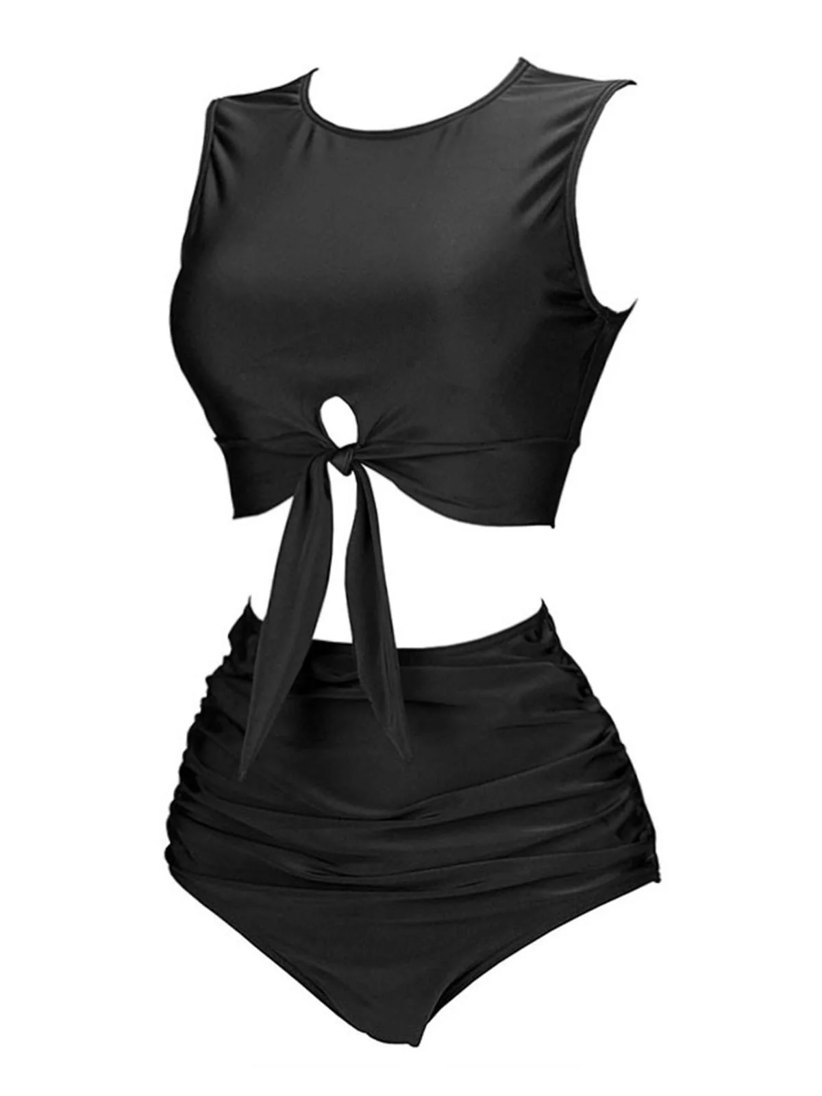 1950s Solid Lace-Up Crewl Neck Swimsuit - Image 2