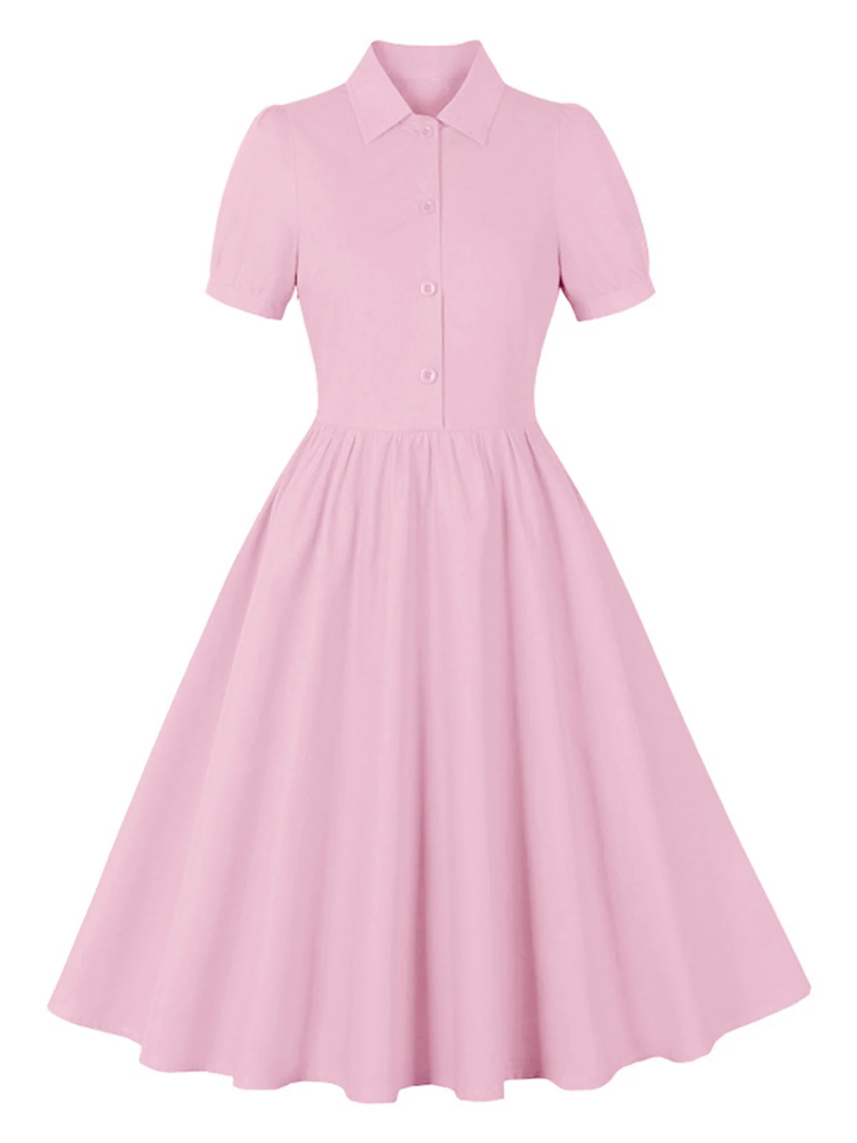 1950s Solid Lapel Buttons Swing Dress - Image 10