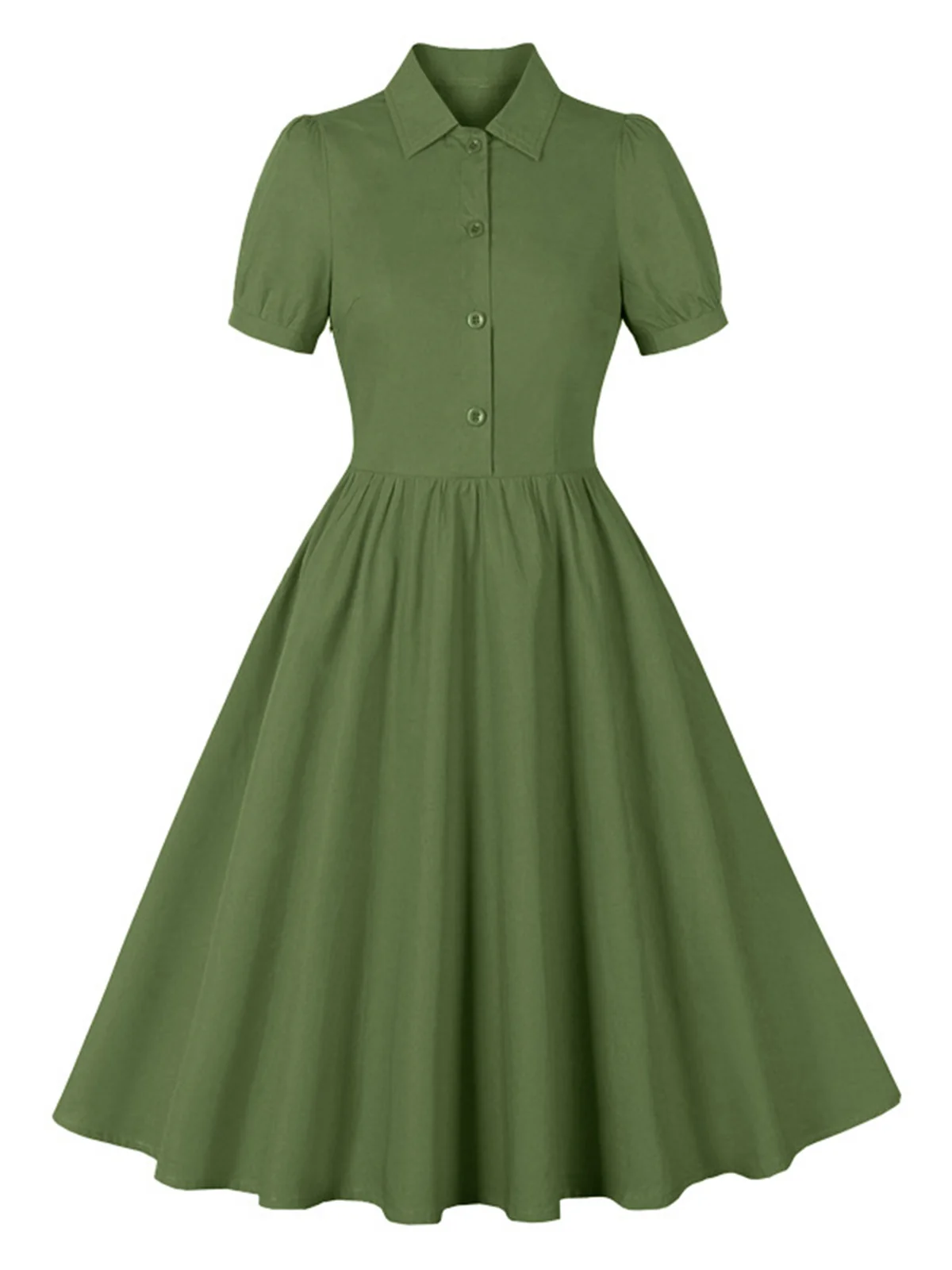 1950s Solid Lapel Buttons Swing Dress - Image 13