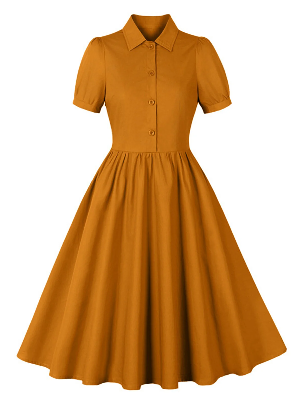 1950s Solid Lapel Buttons Swing Dress - Image 4