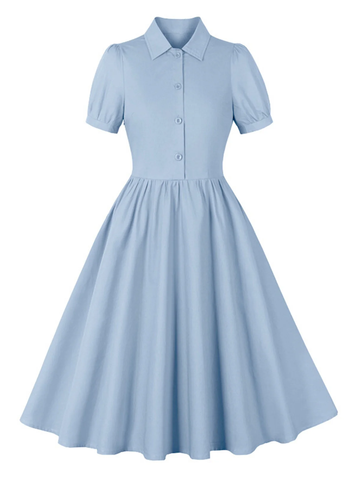 1950s Solid Lapel Buttons Swing Dress - Image 7