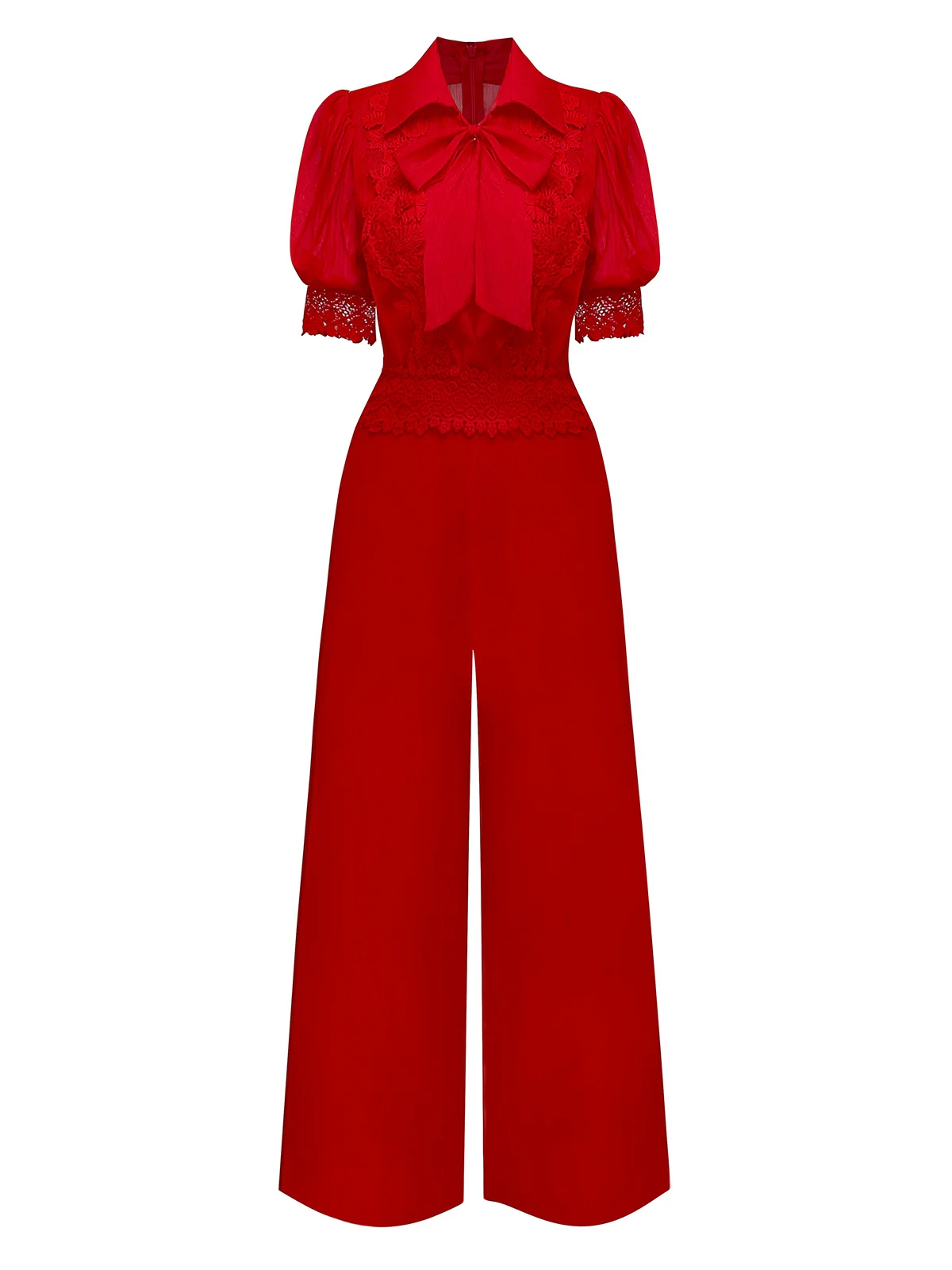 1950s Solid Lapel Floral Lace Tie Neck Jumpsuit - Image 2