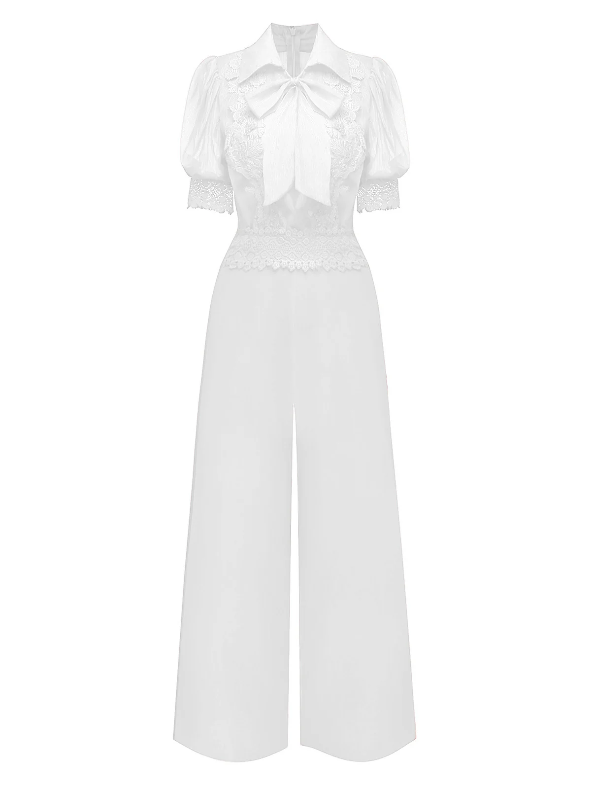 1950s Solid Lapel Floral Lace Tie Neck Jumpsuit - Image 4