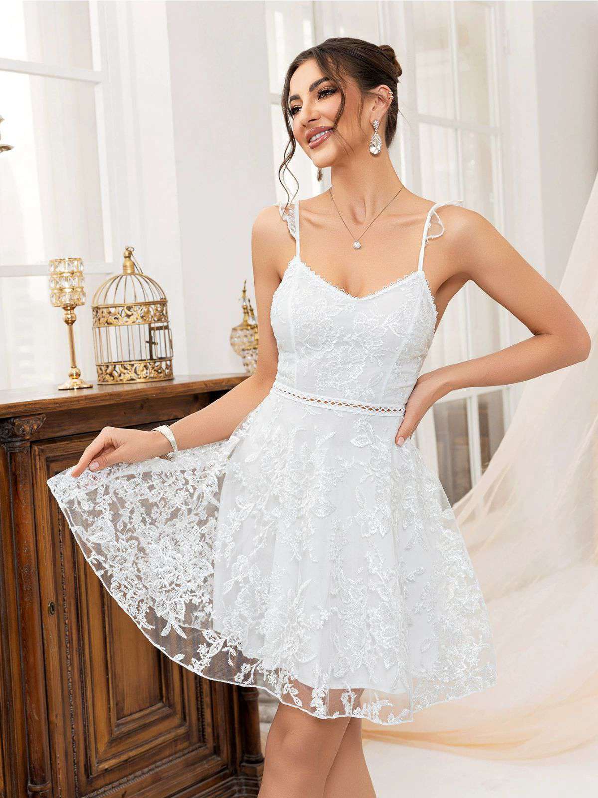 1950s Solid Embroidered Mesh Tie Back Dress - Image 5